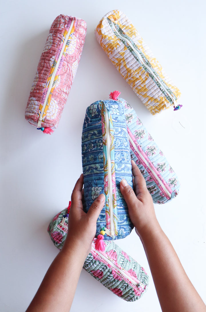 Block print quilted round pencil pouches bulk set handmade cotton
