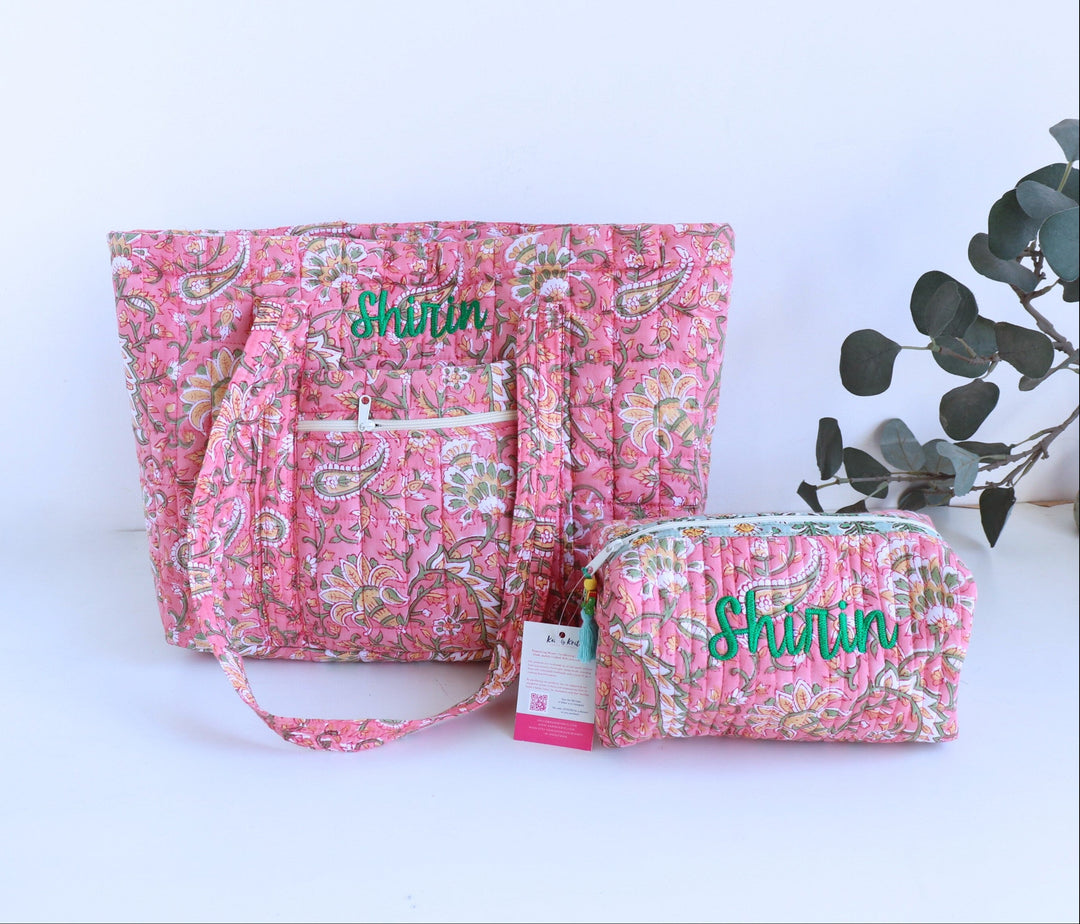 Personalised block print quilted tote bag and pouch gift set with name
