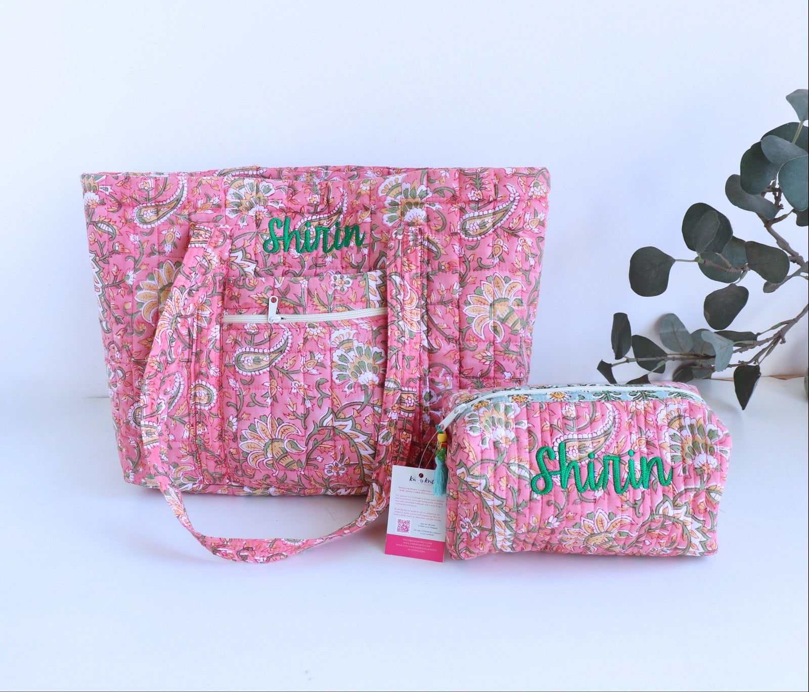 Personalised block print quilted tote bag and pouch gift set with name
