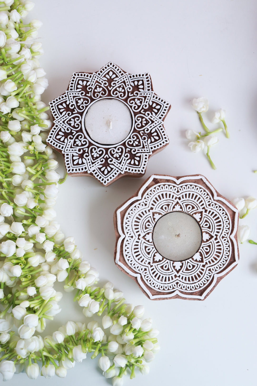 Set of 2 hand carved wooden tea light holders with marigold block print design in gift box

