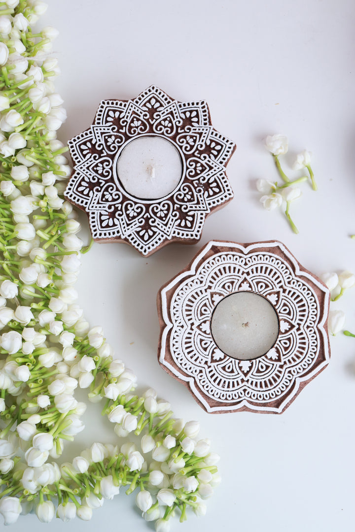 Set of 2 hand carved wooden tea light holders with marigold block print design in gift box
