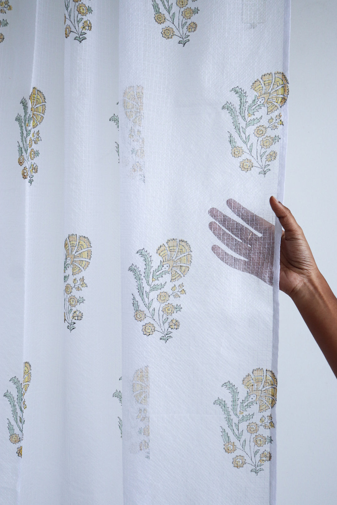 Yellow lily boota block print sheer curtain in Kota cotton
