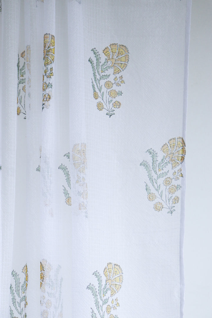 Yellow lily boota block print sheer curtain in Kota cotton
