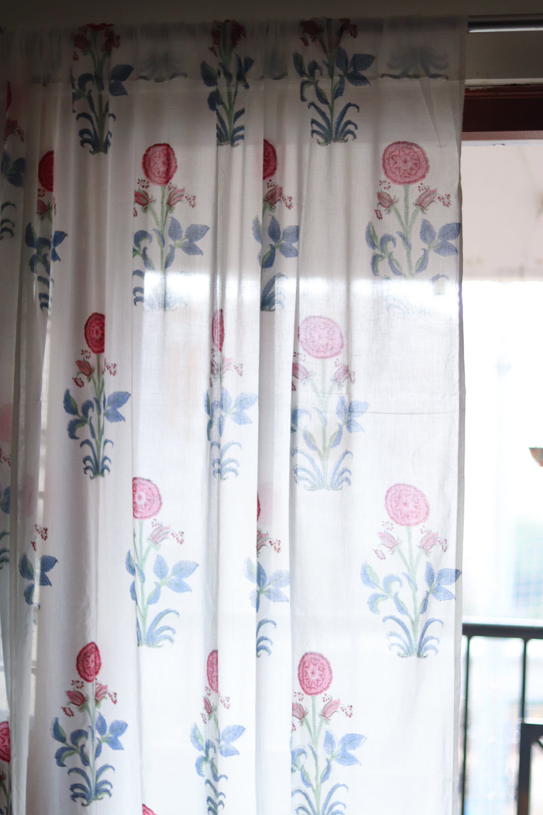 Red boota block print sheer curtain in mulmul cotton
