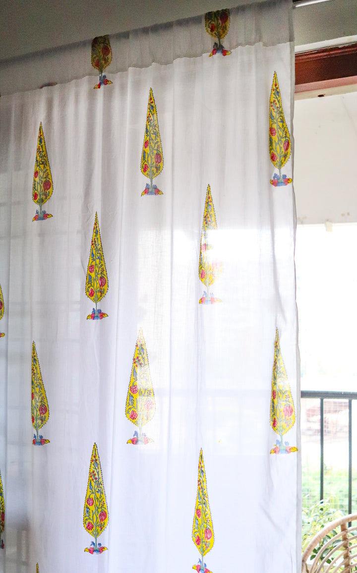 Yellow cypress tree block print sheer curtain in mulmul cotton
