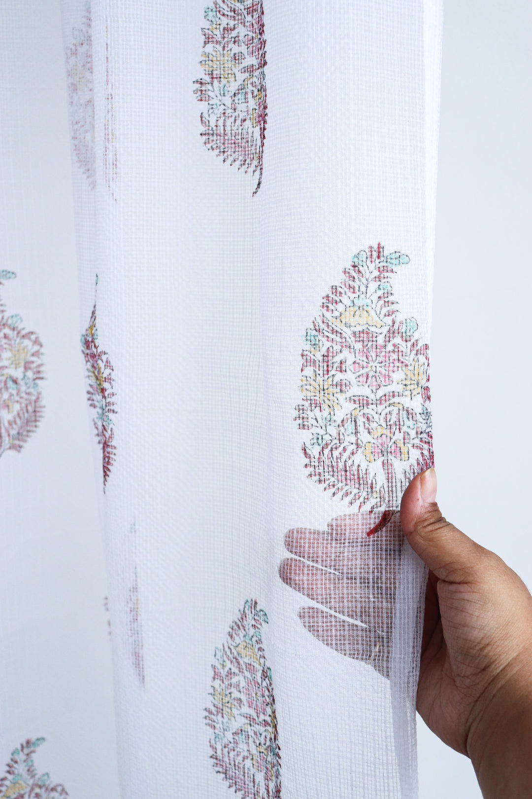 Colourful paisley boota block print sheer curtain in Kota cotton
