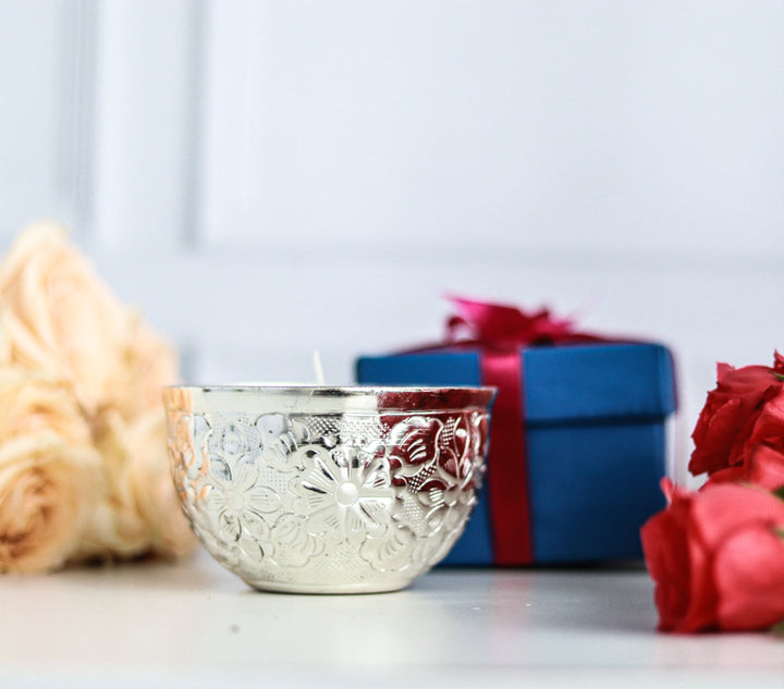 Silver embossed floral scented candle with mogra fragrance in a gift box
