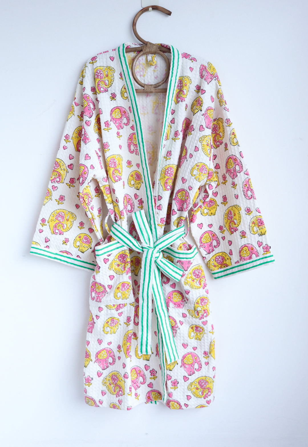 Personalized kids waffle robe with safari animal block print and custom name embroidery by Kari by Kriti
