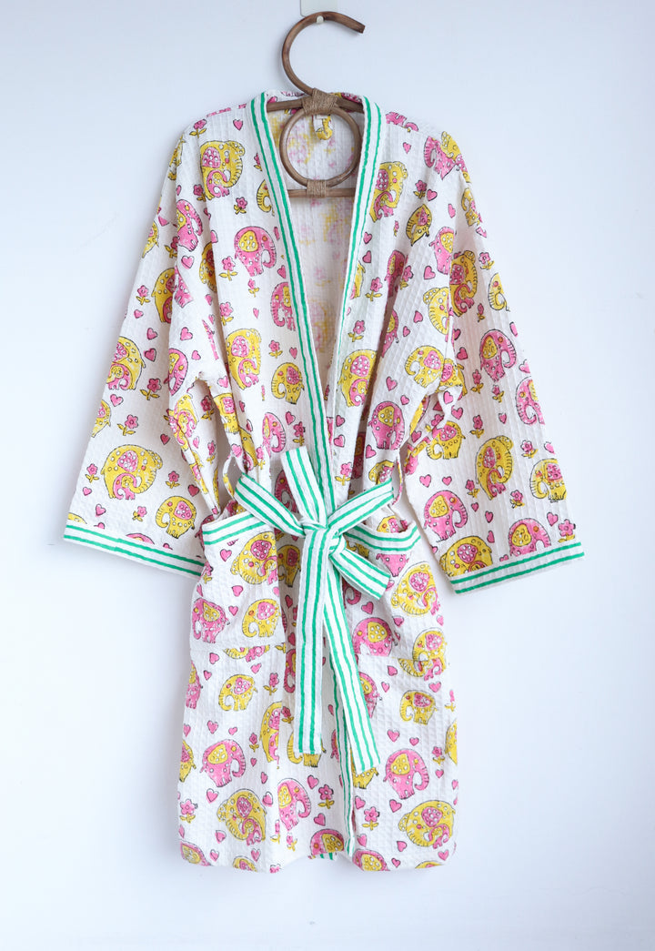 Personalized kids waffle robe with safari animal block print and custom name embroidery by Kari by Kriti
