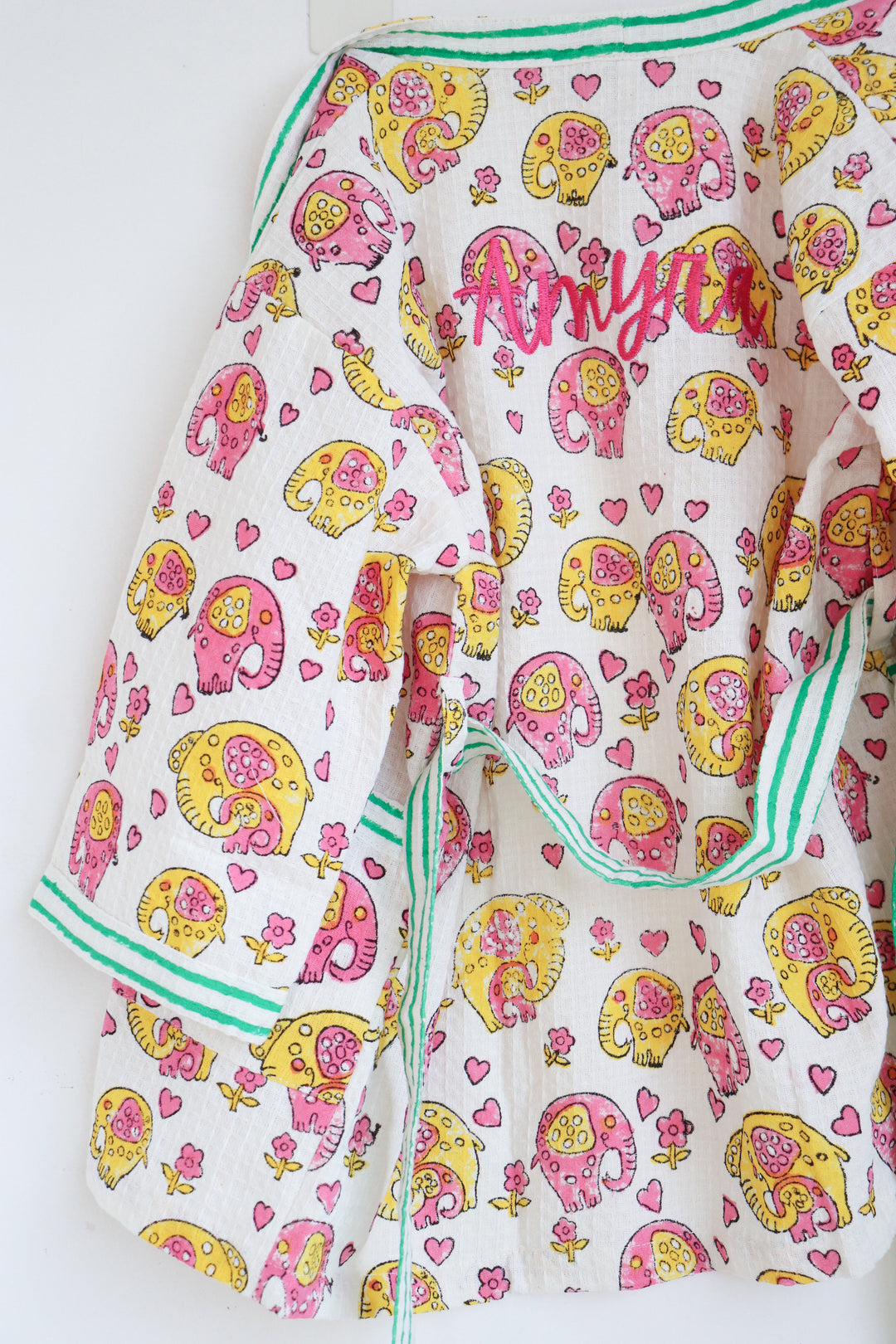 Personalized kids waffle robe with safari animal block print and custom name embroidery by Kari by Kriti
