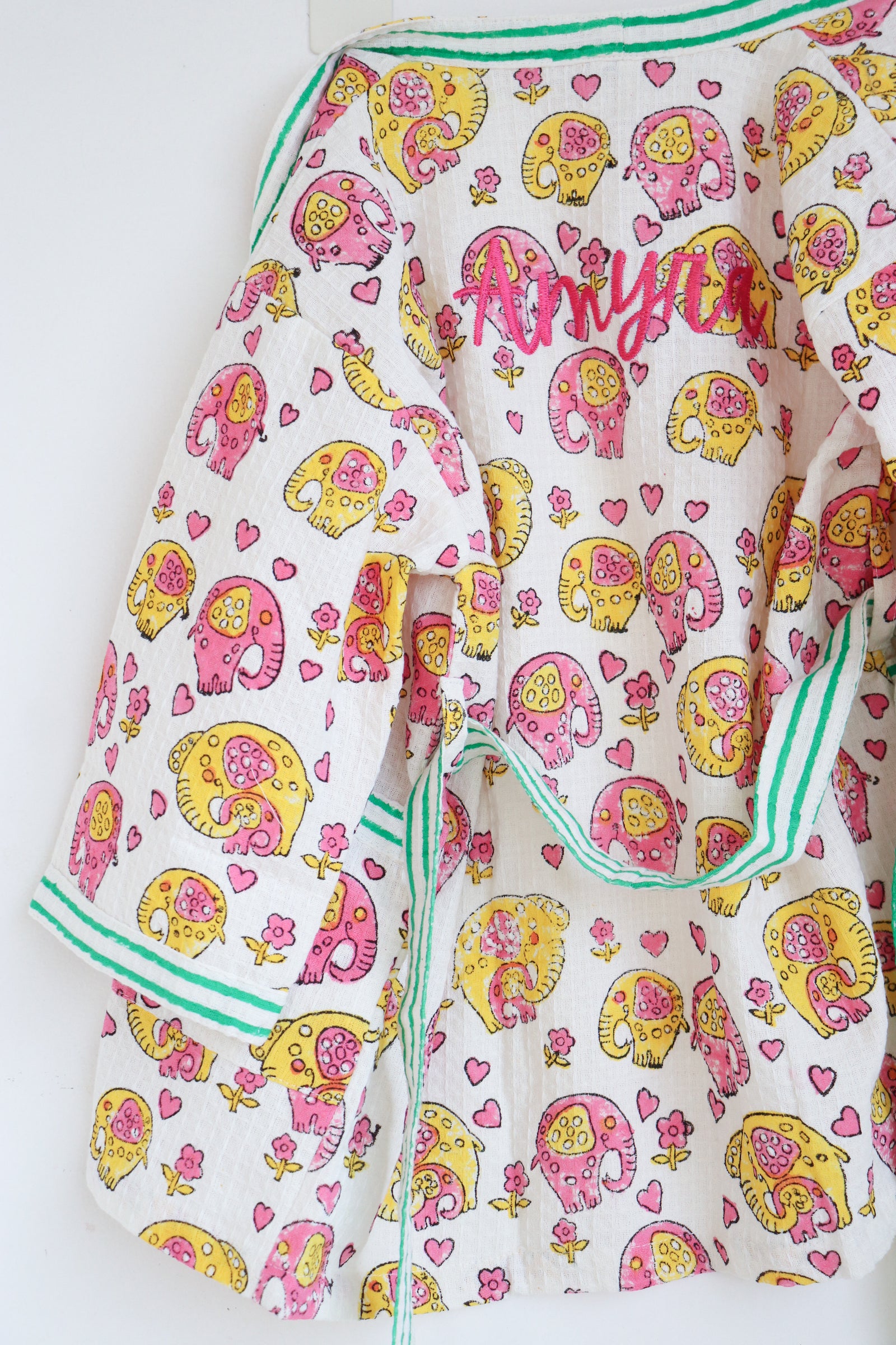 Personalized kids waffle robe with safari animal block print and custom name embroidery by Kari by Kriti
