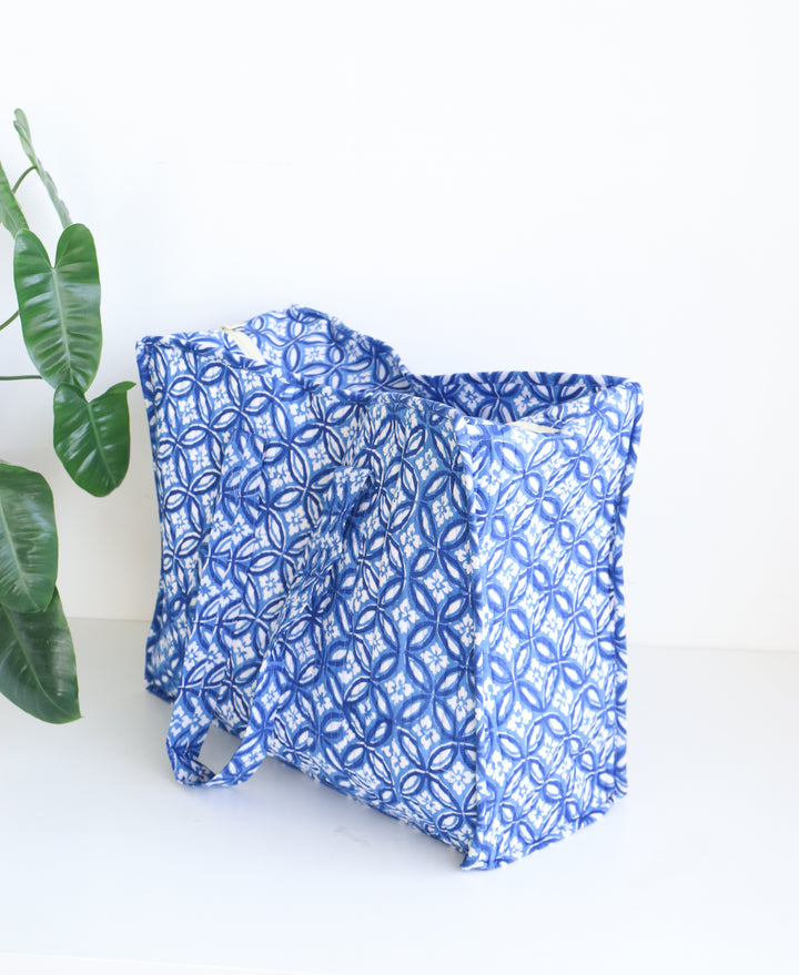 Blue geometric XL quilted block print tote bag for women handmade
