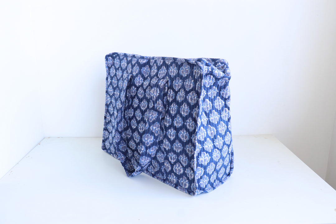 Dark blue ditsy print XL quilted block print tote bag handmade cotton
