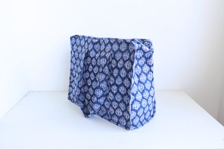Dark blue ditsy print XL quilted block print tote bag handmade cotton
