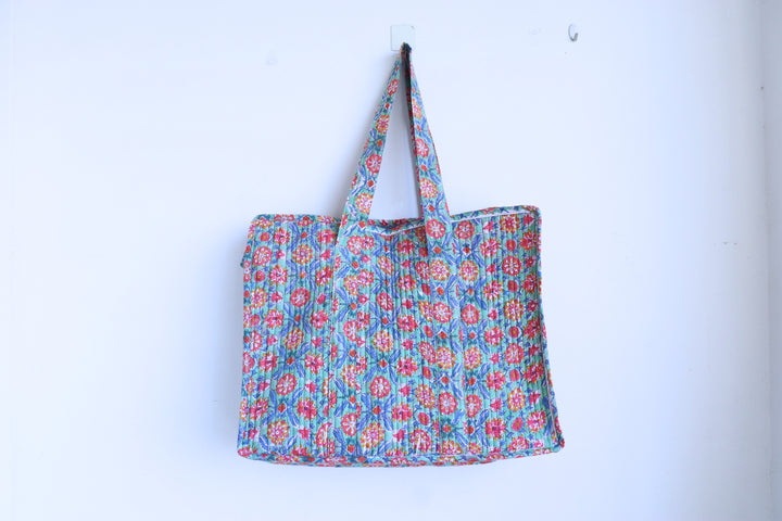 Multicolour floral XL quilted block print tote bag handmade cotton
