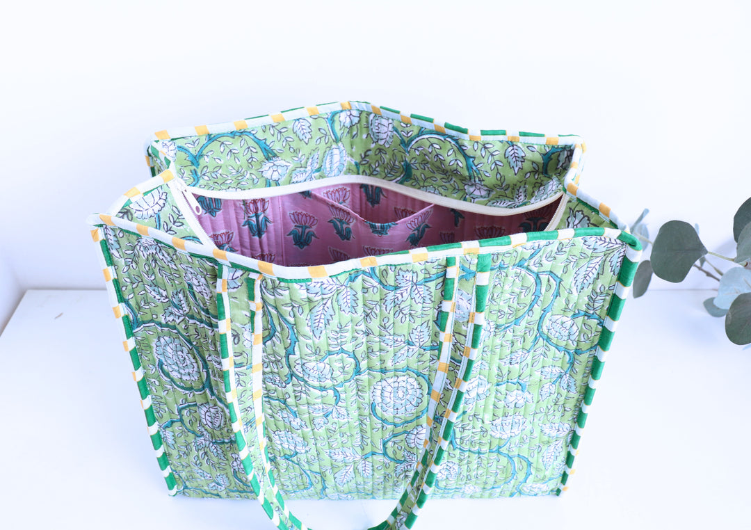 Green floral block print quilted medium tote bag for women handmade
