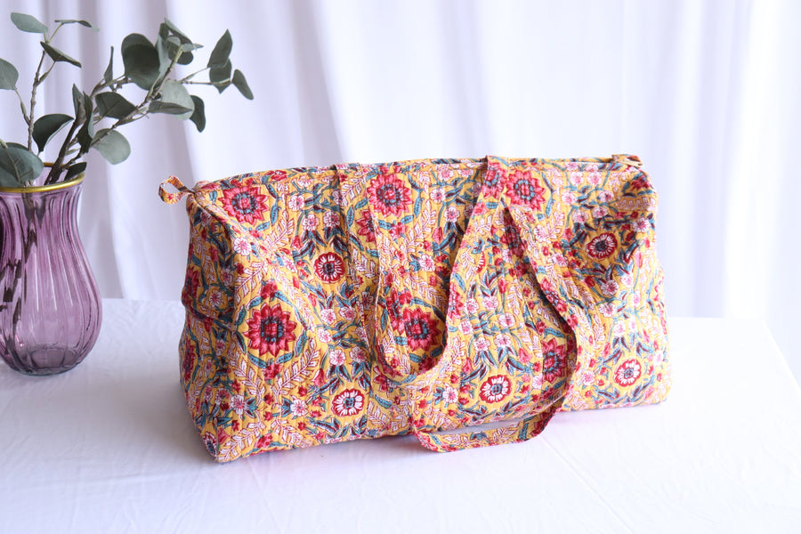 Yellow block print quilted weekender overnight duffle bag handmade
