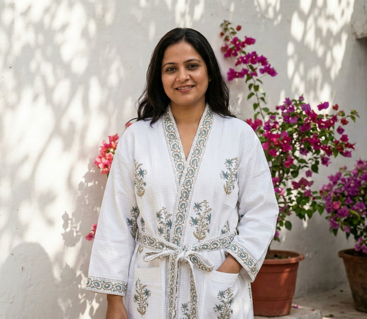 Personalized Block Print Waffle Cotton Bath Robe for Women