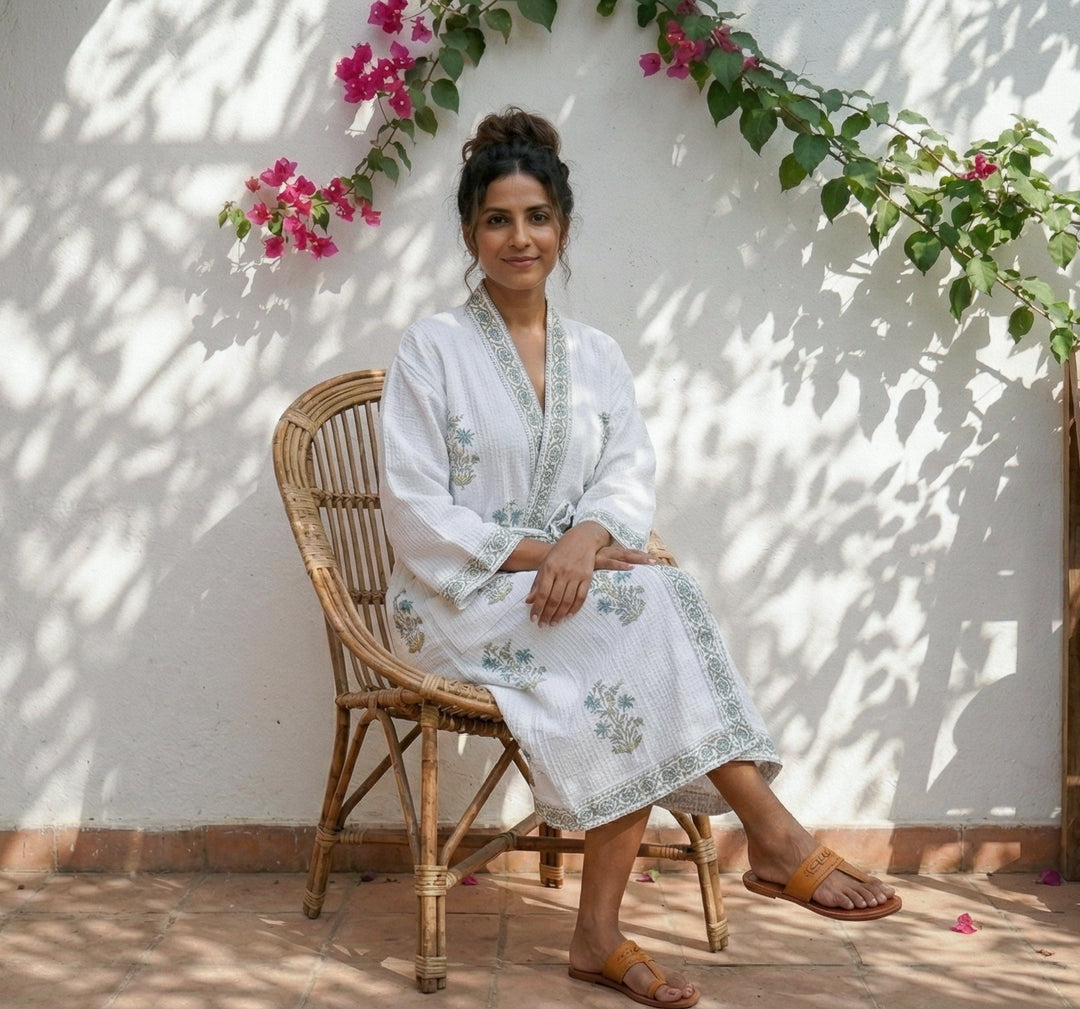 Personalized Block Print Waffle Cotton Bath Robe for Women