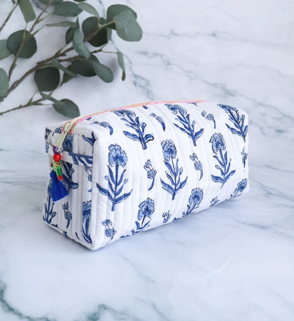 Medium Cosmetic bag - Makeup bag - Block print fabric travel pouch- White and Blue