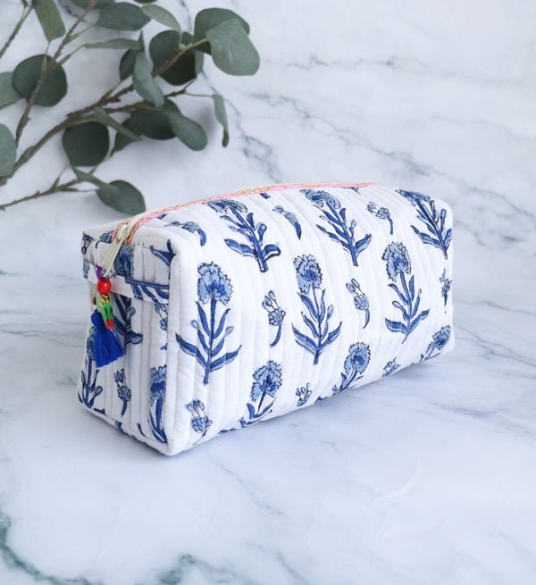 White and blue block print medium cosmetic bag, handmade travel makeup pouch by Kari by Kriti
