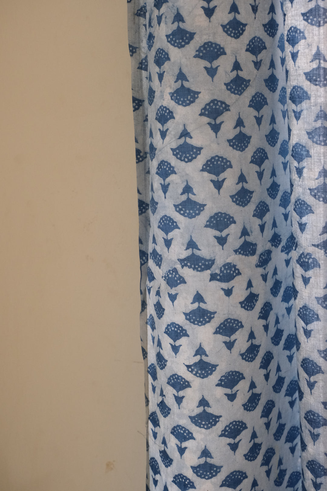 Indigo ditsy floral block print sheer curtain in off-white mulmul cotton
