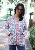 Block Print Quilted Jacket - White Floral Cotton