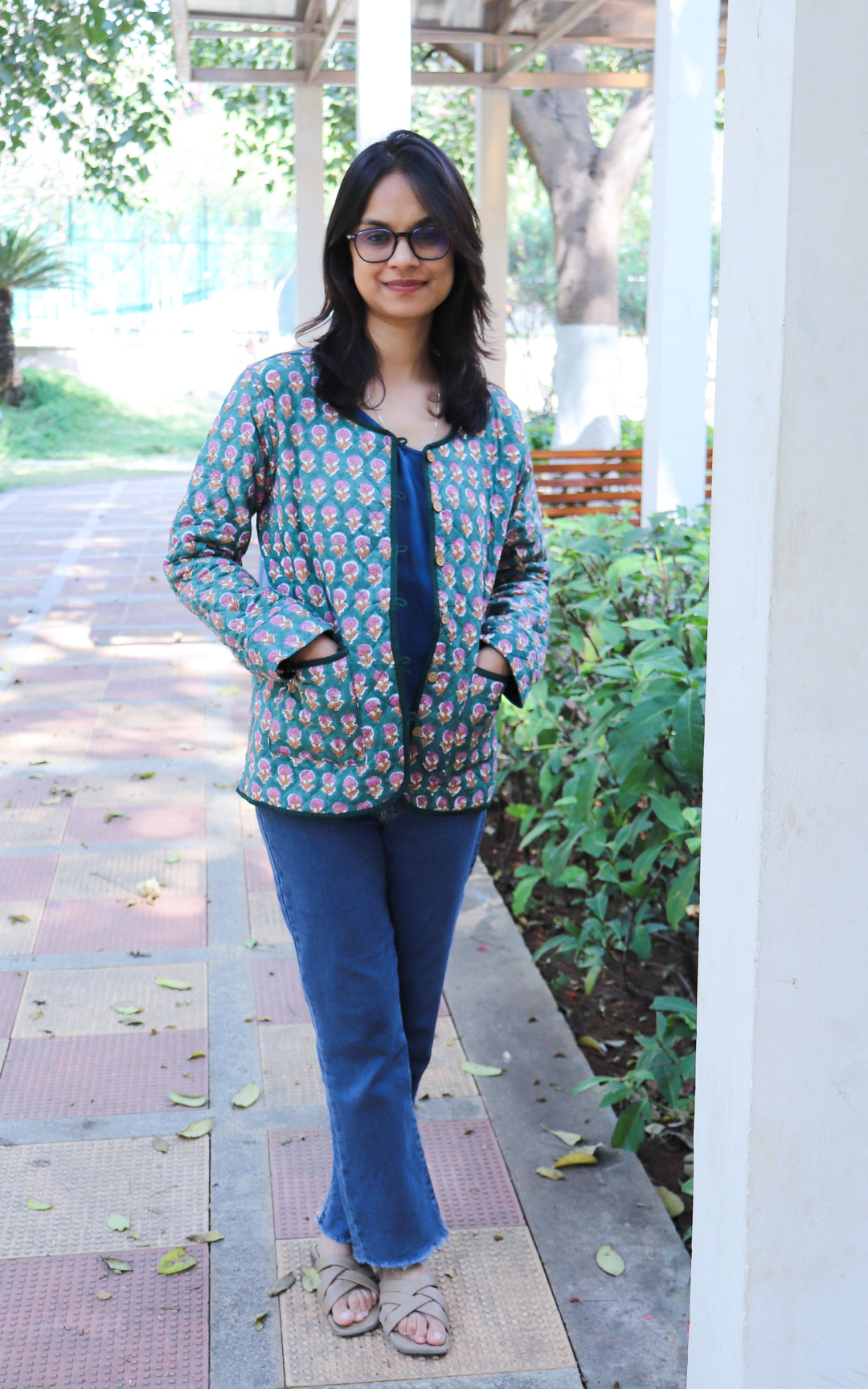 Green ditsy block print quilted cotton jacket for women handmade
