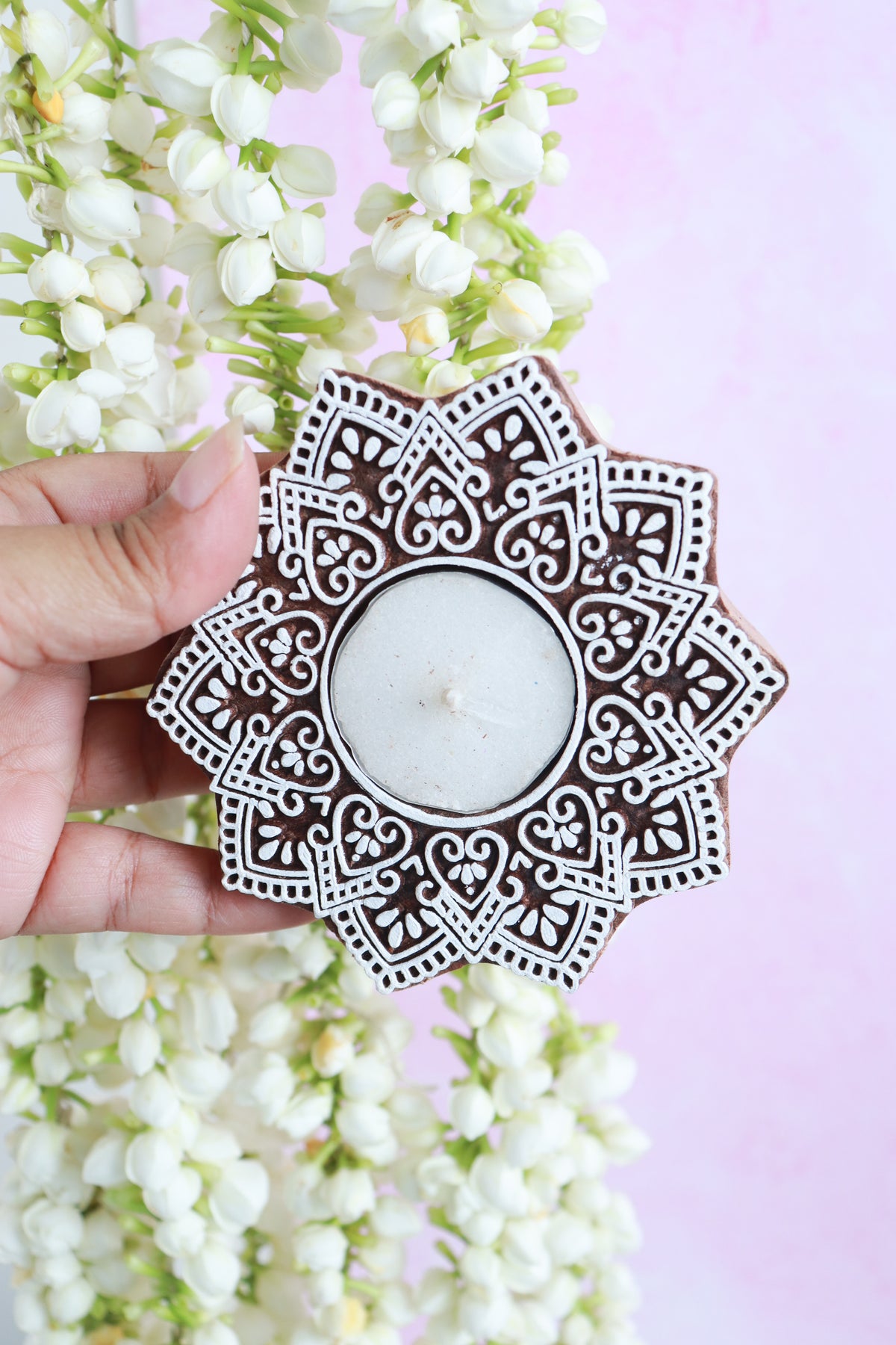 Set of 2 hand carved wooden tea light holders with marigold block print design in gift box
