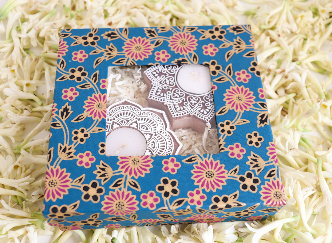 Set of 2 hand carved wooden tea light holders with marigold block print design in gift box
