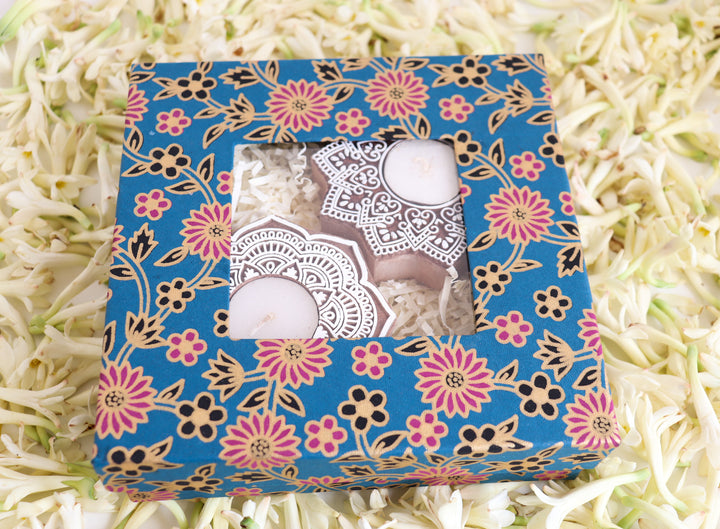 Set of 2 hand carved wooden tea light holders with marigold block print design in gift box
