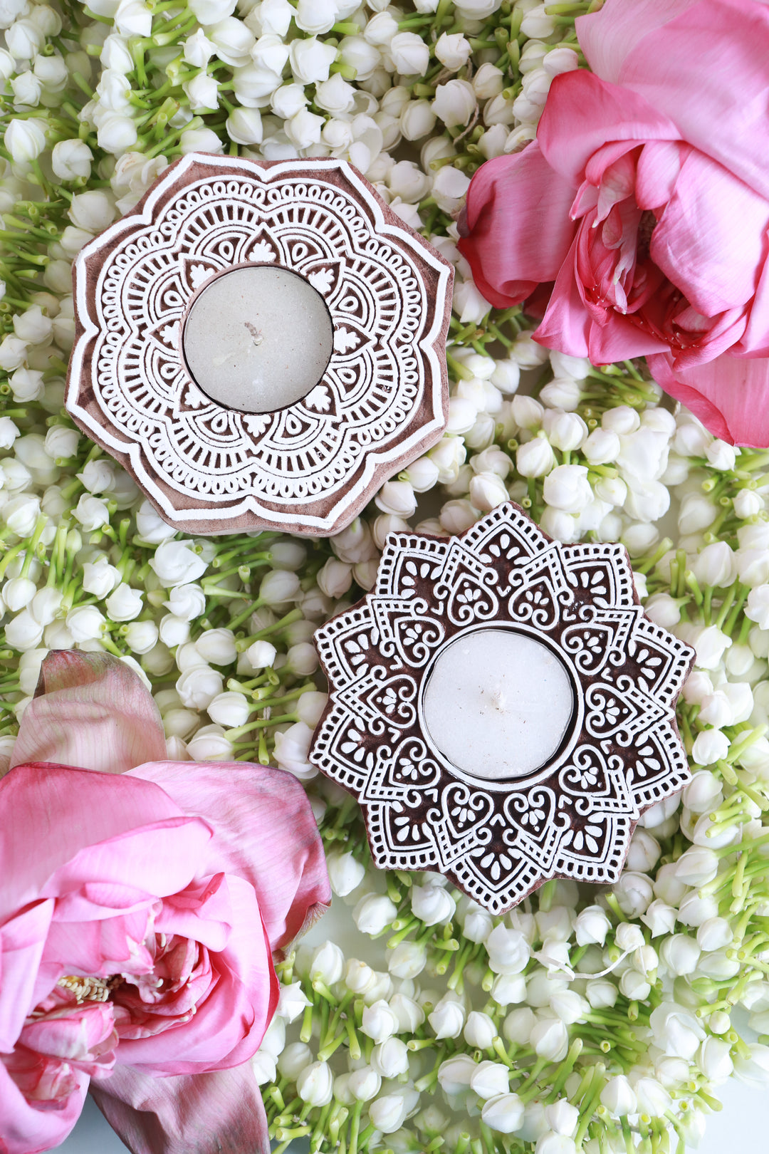 Set of 2 hand carved wooden tea light holders with marigold block print design in gift box
