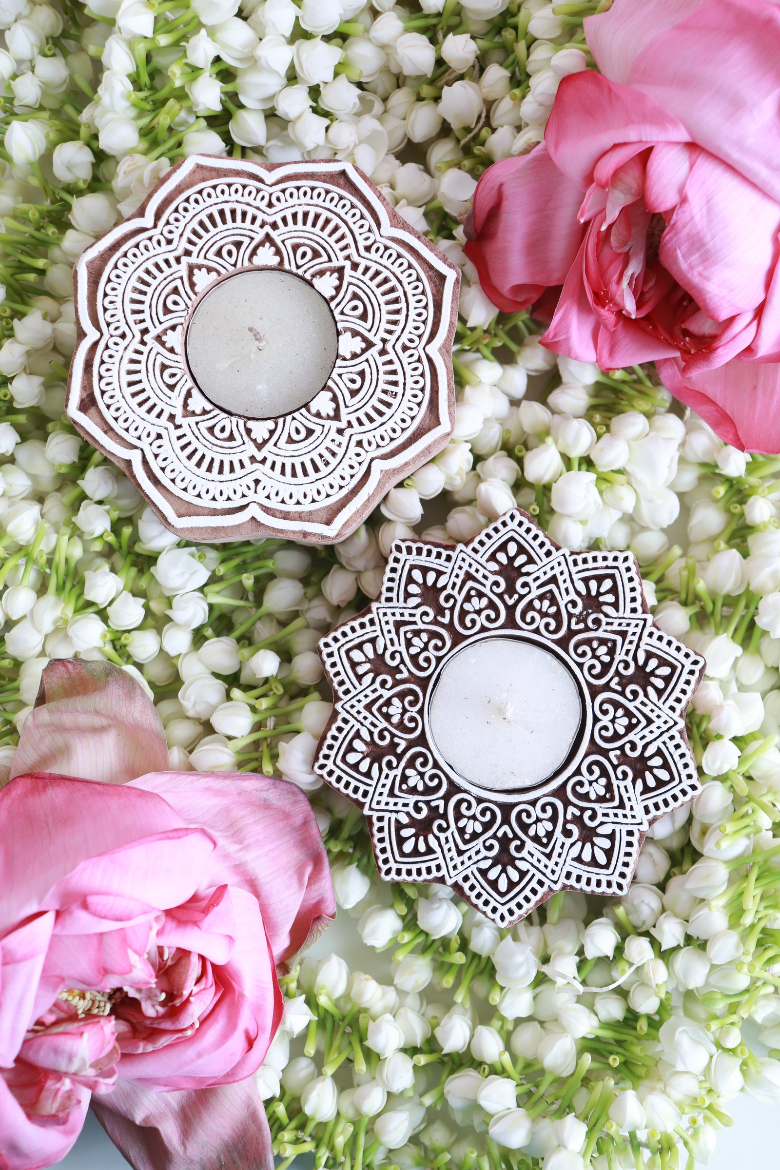 Set of 2 hand carved wooden tea light holders with marigold block print design in gift box
