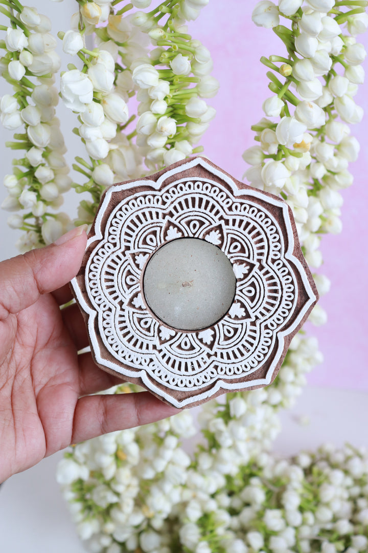 Set of 2 hand carved wooden tea light holders with marigold block print design in gift box
