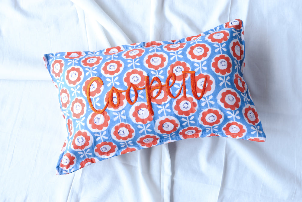 Kids personalized block print pillow cover with embroidered name 12x20 inches
