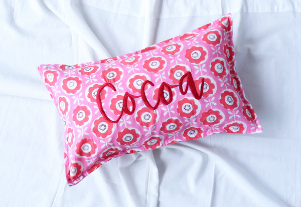 Kids personalized block print pillow cover with embroidered name 12x20 inches
