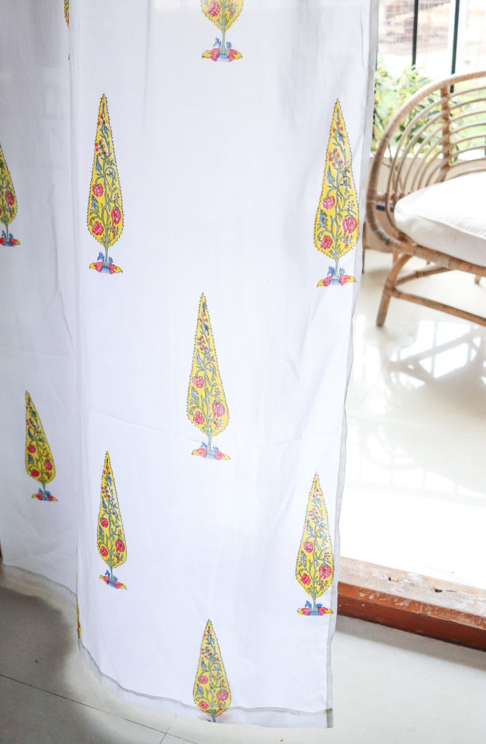 Yellow cypress tree block print sheer curtain in mulmul cotton
