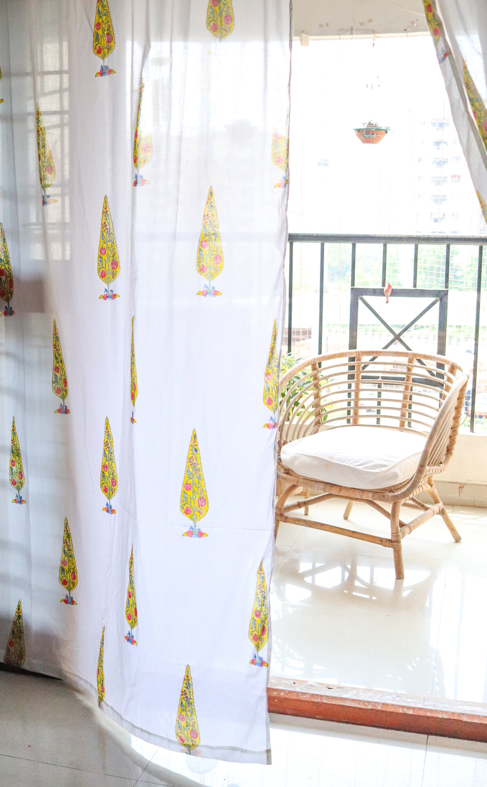 Yellow cypress tree block print sheer curtain in mulmul cotton
