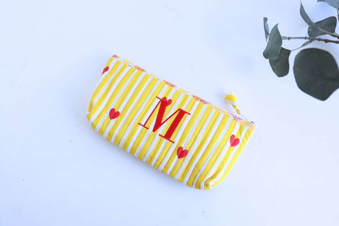 Block print quilted pencil pouch with embroidered initials
