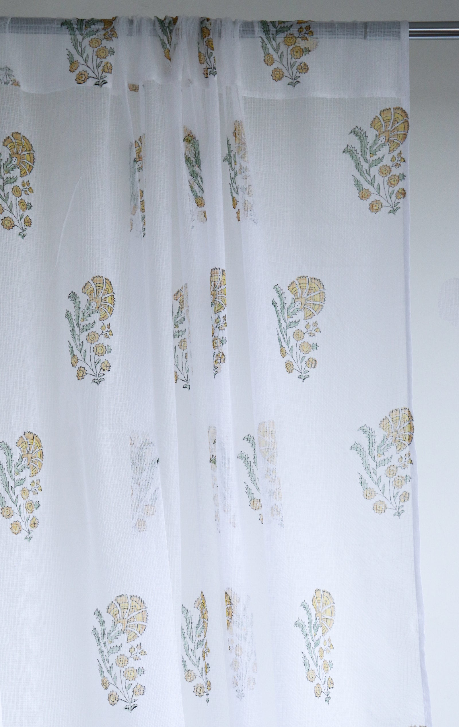 Yellow lily boota block print sheer curtain in Kota cotton
