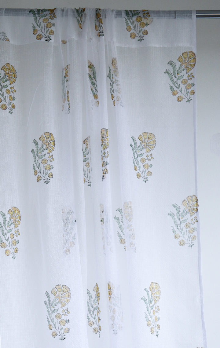 Yellow lily boota block print sheer curtain in Kota cotton
