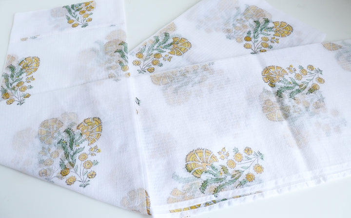 Yellow lily boota block print sheer curtain in Kota cotton
