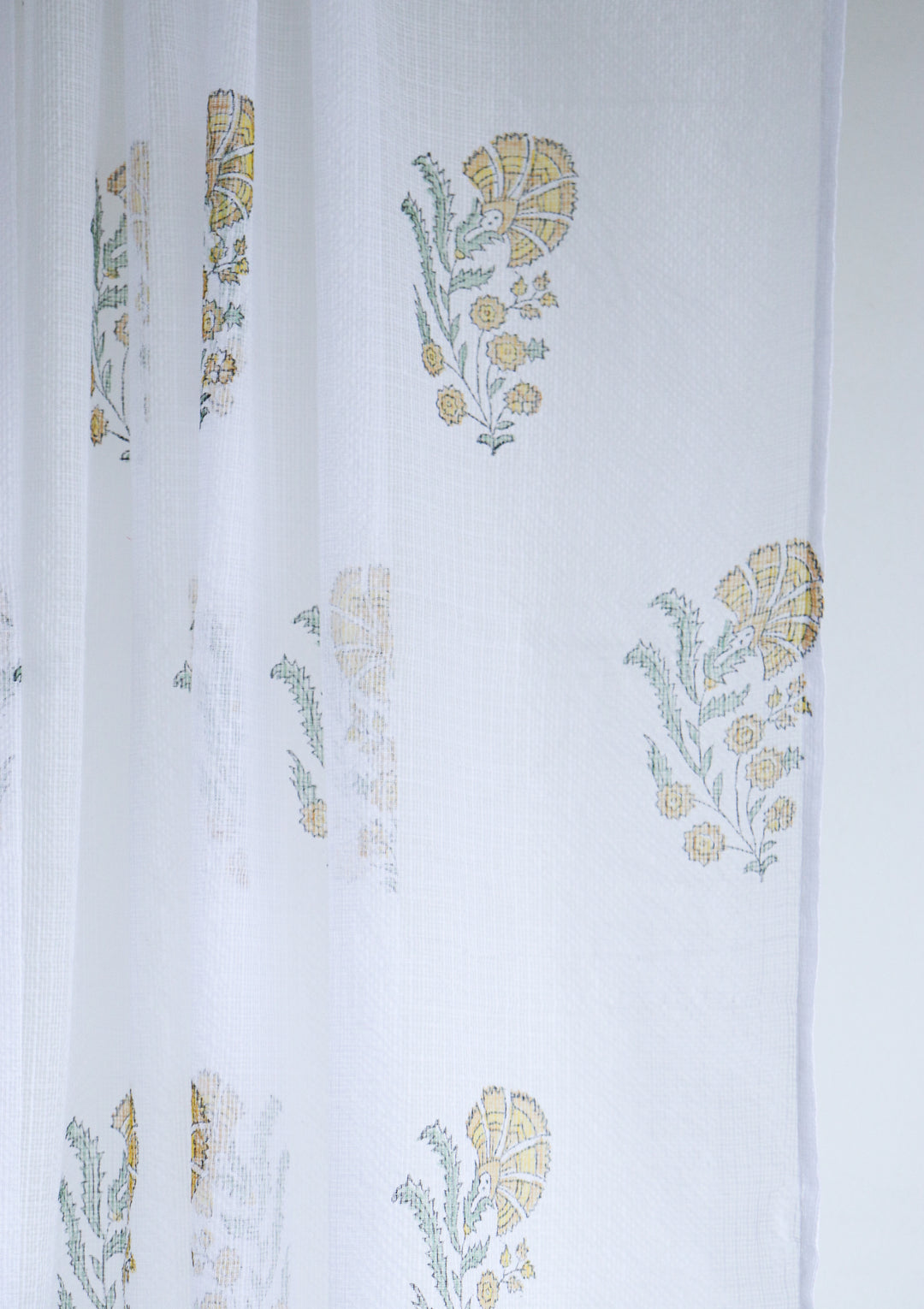 Yellow lily boota block print sheer curtain in Kota cotton
