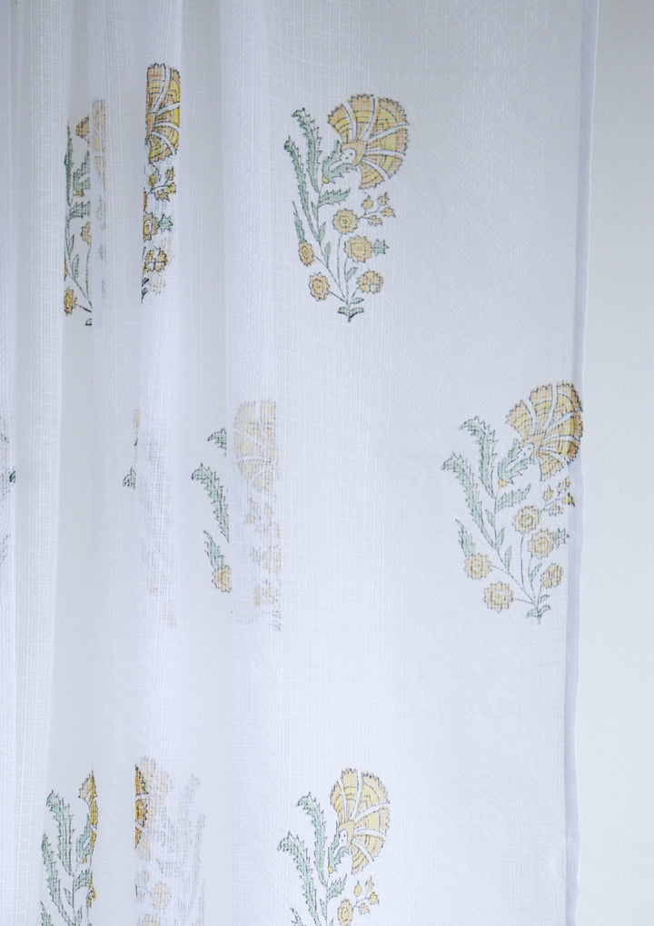 Yellow lily boota block print sheer curtain in Kota cotton
