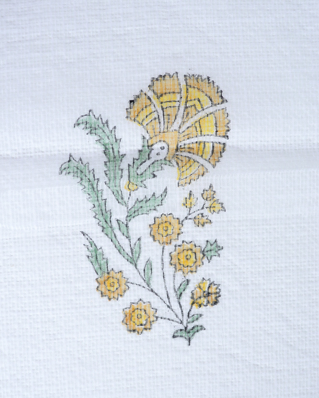 Yellow lily boota block print sheer curtain in Kota cotton
