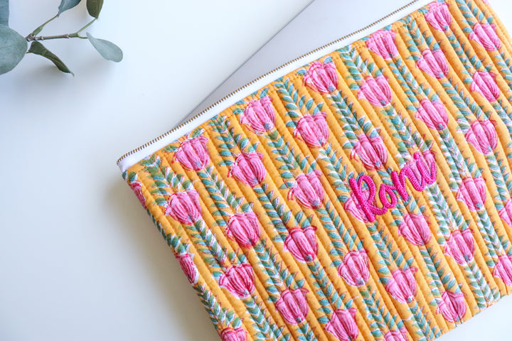 Personalized block print quilted laptop sleeve with embroidered name
