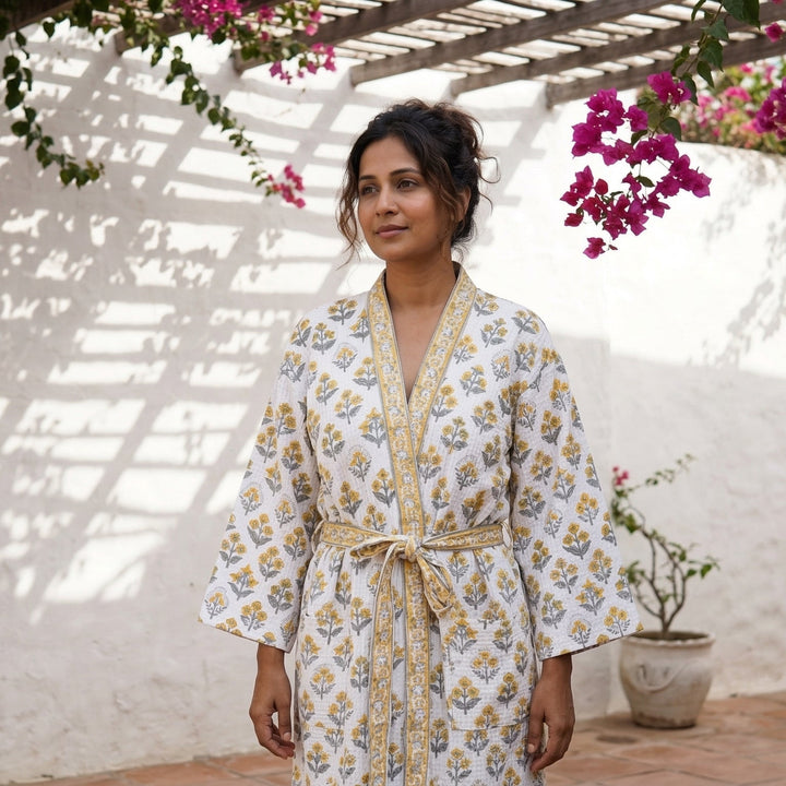 Personalized Block Print Waffle Cotton Bath Robe for Women