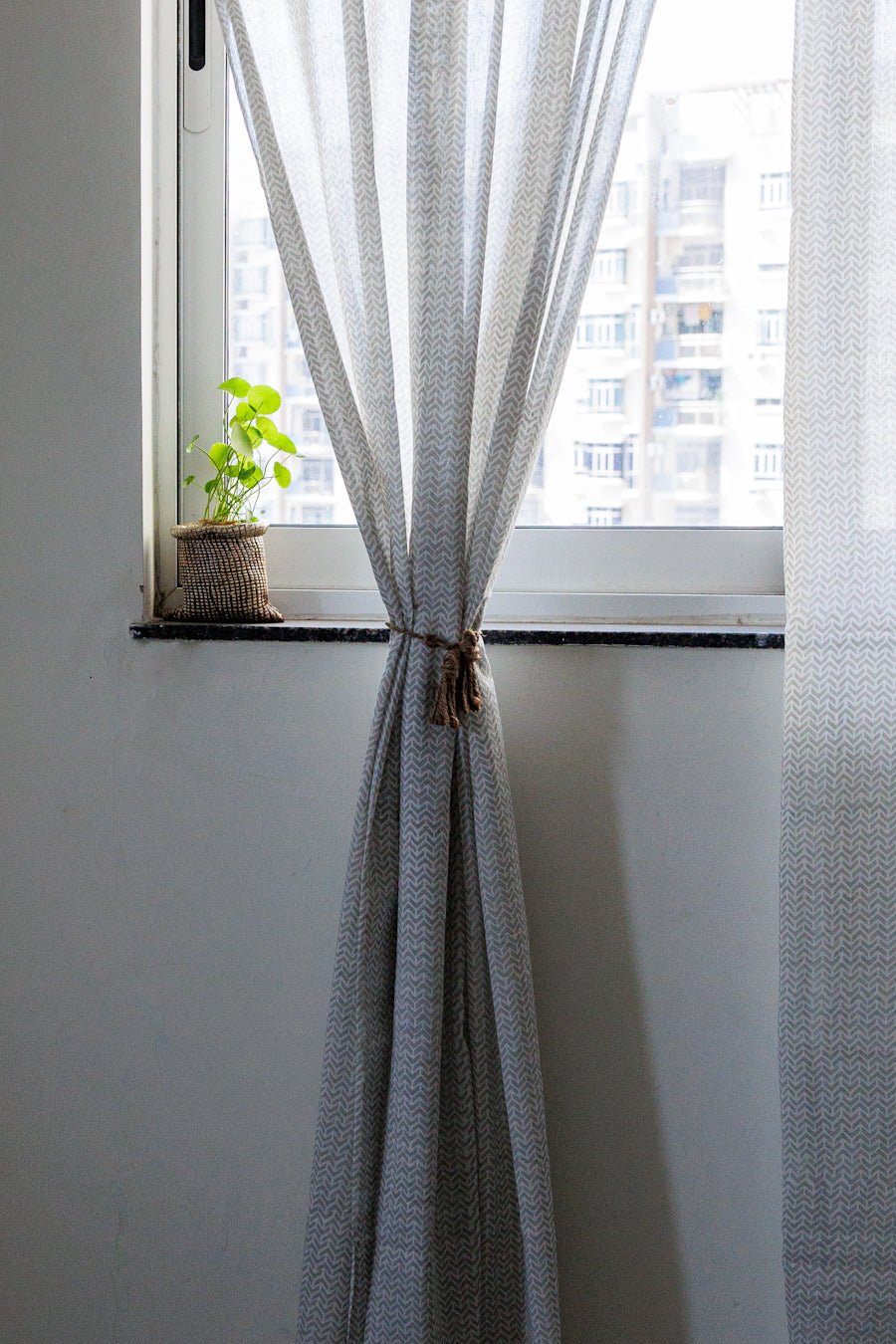 Grey chevron sheer curtain - Modern sheer curtains - Rod pocket - back view