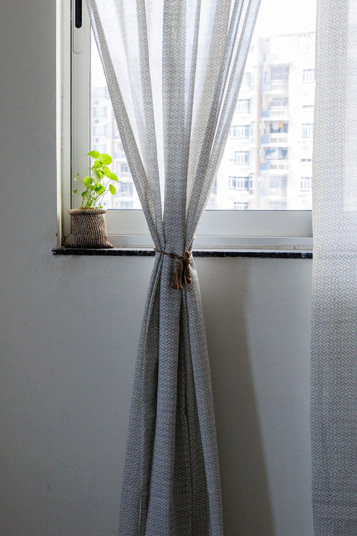 Grey chevron sheer curtain - Modern sheer curtains - Rod pocket - back view