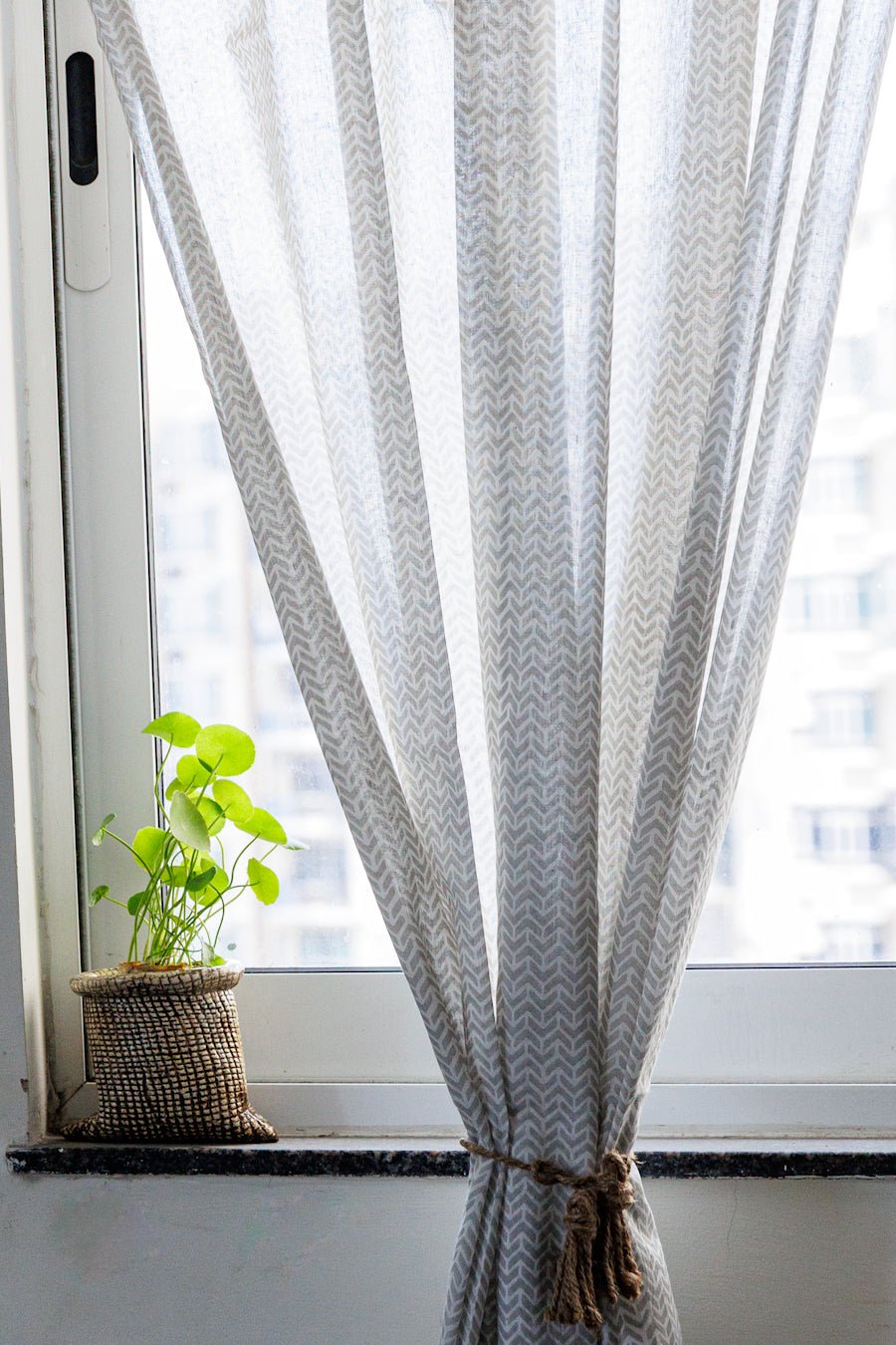 Grey chevron sheer curtain - Modern sheer curtains - Rod pocket - back view